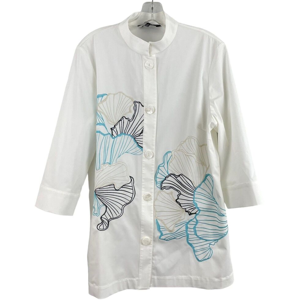 Ming Wang Embroidered Tunic Jacket Sz Large White Floral Mandarin Collar Shacket